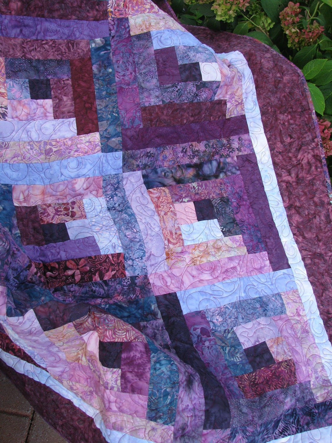 Lap Quilt, Sofa Quilt, Quilted Throw - Log Cabin Bali Plum Pudding
