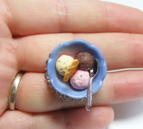 Scented Ice Cream in a Bowl Miniature Food Ring - Miniature Food Jewelry