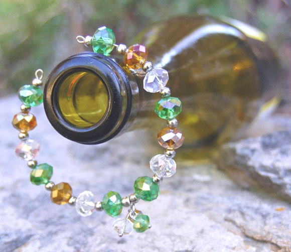 Fancy Crystal Wine Bottle Topper Necklace. Green, Gold, Clear Crystals.