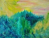 ON SALE - 9 x 12 Print Acrylic Painting, Xmas Gift Under 30 Dream Inspired Landscape Artwork, Bold Beautiful Teal Kelly Green Peach