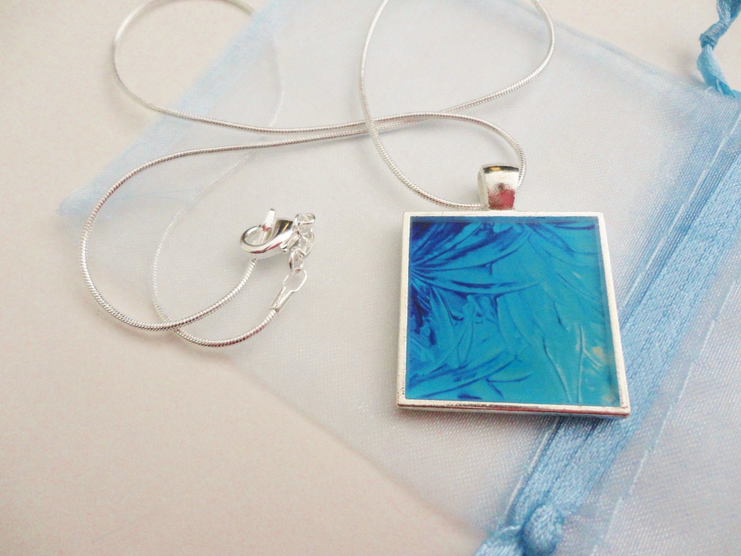 WATER FLOWERS Made to Order Resin Necklace, OOAK Abstract Acrylic Painting Design Handmade Art Jewelry Pendant Silver Plated Xmas Gift
