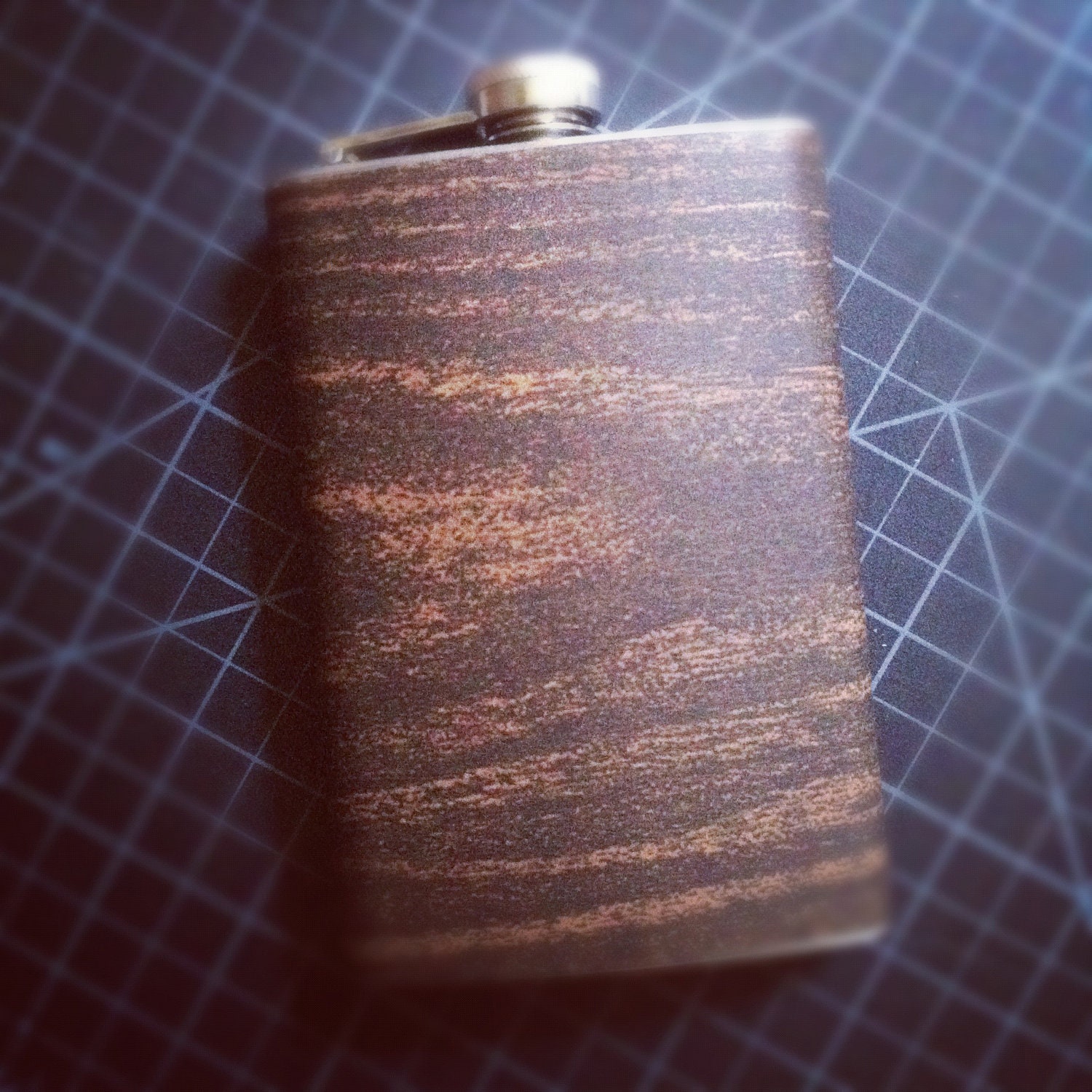 Dark Wood Walnut Woodgrain Stainless Steel Hip Flask