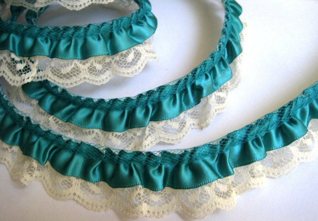 Gathered Ruffled Lace With Satin Ribbon Trim, Green / Ivory, 5/8" Ribbon with 1 1/4" Lace, 1 Yard For Victorian and Romantic Projects
