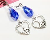 Dangle Earrings with Deep Sapphire Blue Swarovski Teardrop Crystals & Silver Heart Shaped Peace Sign Charms