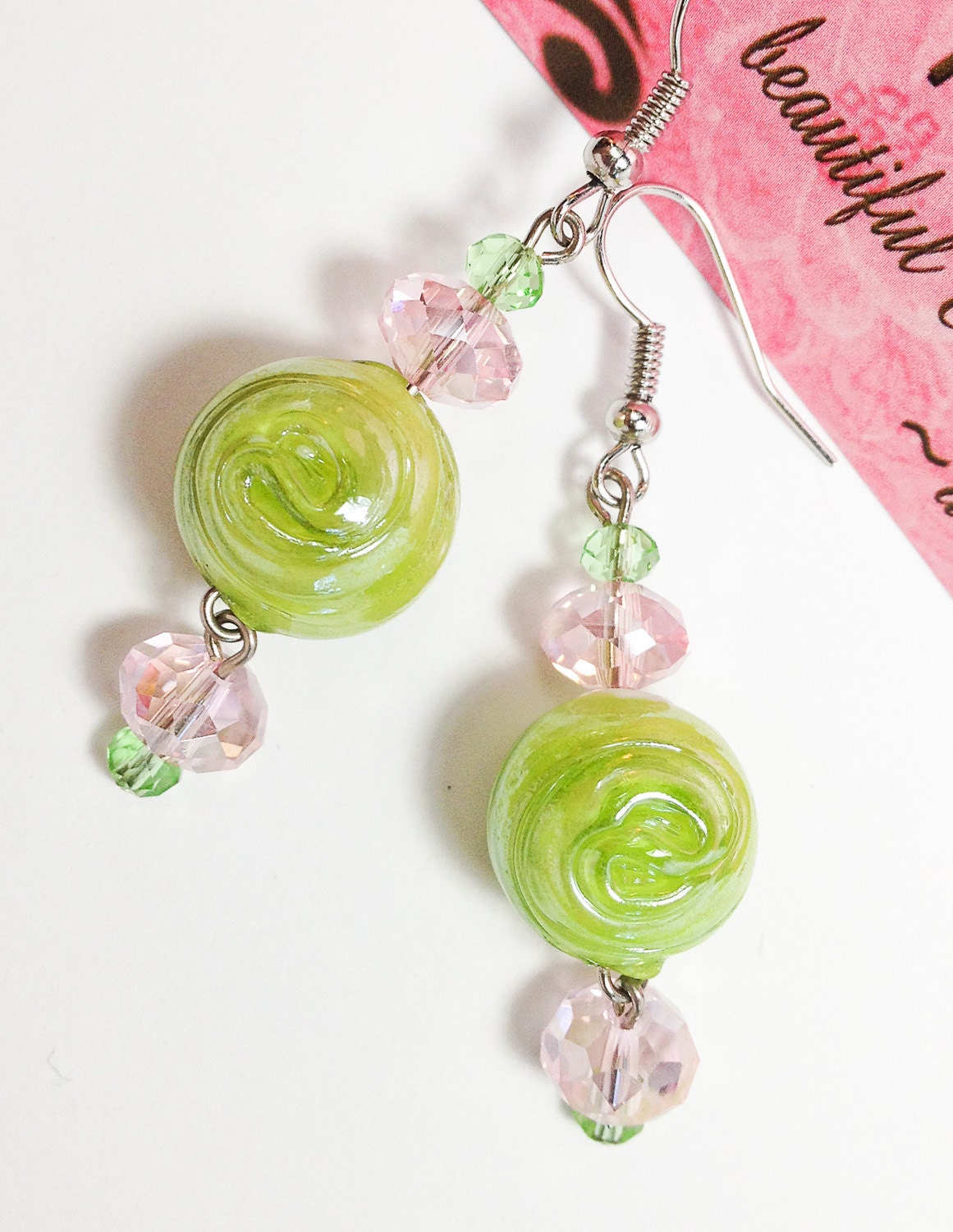 Dangle Earrings with Green Lampwork Swirl Glass Beads and Pink & Green Swarovski Crystals