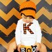 Baby Boy Halloween/Fall onesie and crochet hat set with custom initial, black and orange, photo prop, long or short sleeves