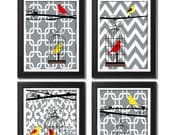 Bird Art Red Yellow Grey Black Vintage Modern Bird Art Print  - Set of Four 5x7 Unframed