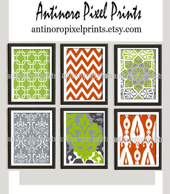 Green Orange Greys White Digital Print Wall Art Prints Vintage / Modern Inspired  - Set of 6 - 16x20 Prints - Yellow / Grey (UNFRAMED)