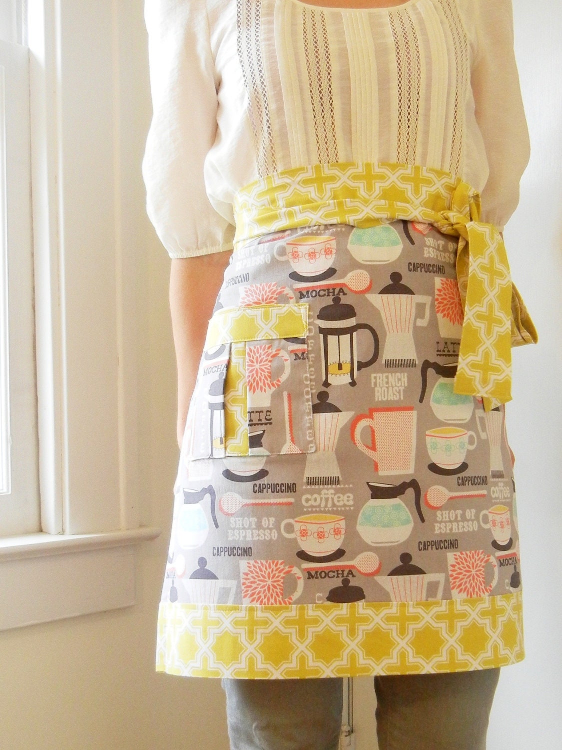 The Sonja apron - Coffee lover's half apon - Michael Miller and Joel Dewberry fabric - women's