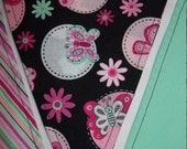 Home Decor Party Flag Bunting Banner Handmade Reversible Spring Time Fresh Butterflies and Flowers with Colors of Black Mint Green Pink