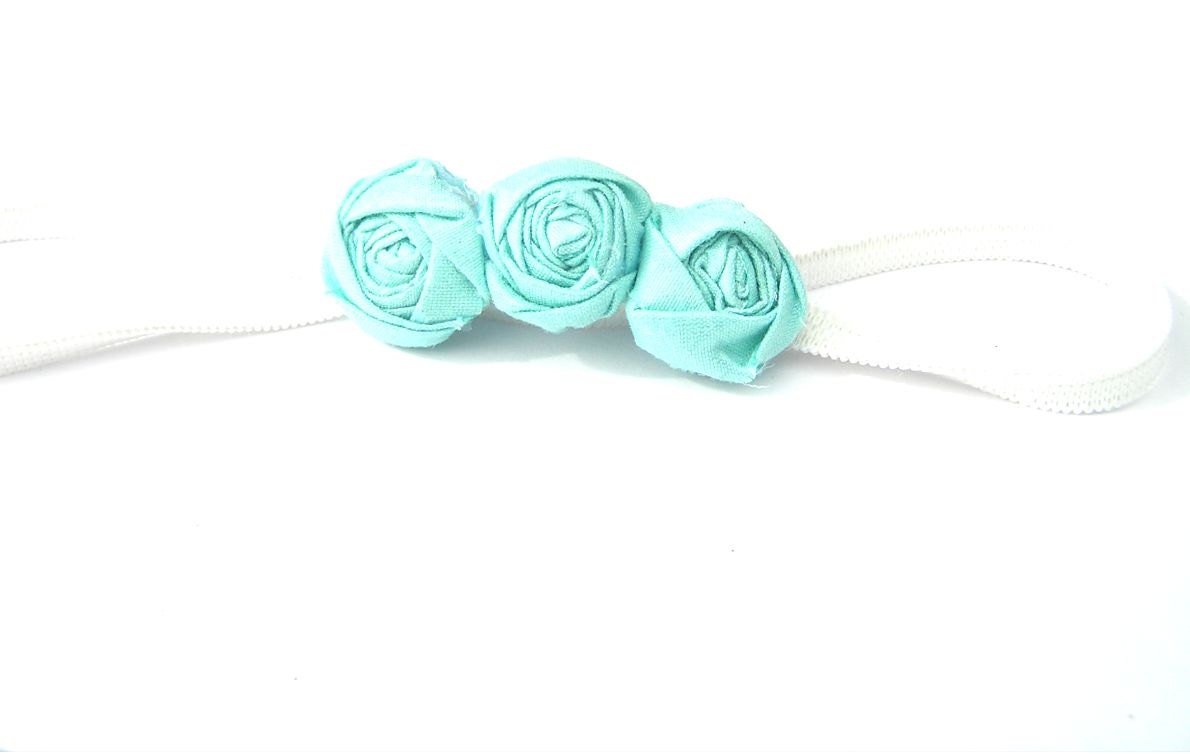 3 Blue Rosette Baby Headband Vintage on stretchy White Wide Headband,Baby Headbands, Baby Girl Headband,Newborn Headband