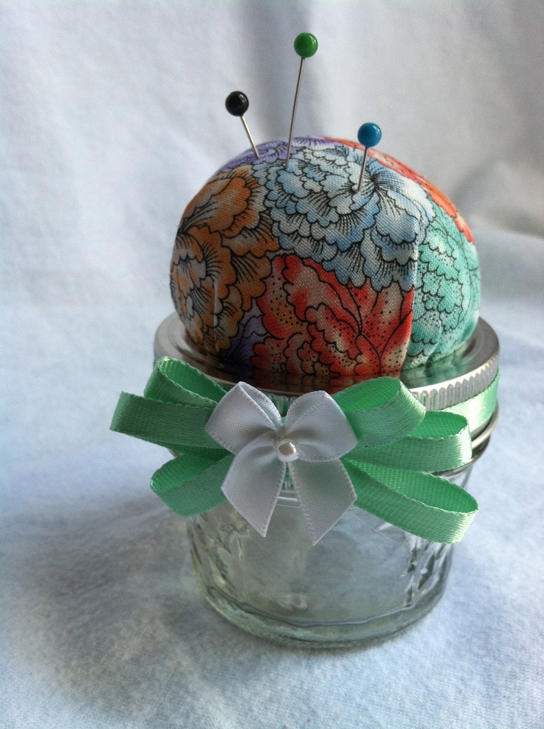 Pin Cushion Jar -Teal, Coral and Lavender