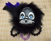 OOAK, Hand Painted, Sugar Skull, Rockabilly, Psychobilly, Pin Up Girl, Halloween, Baby Doll, Black, Feather, Purple, Fascinator, Hair Clip