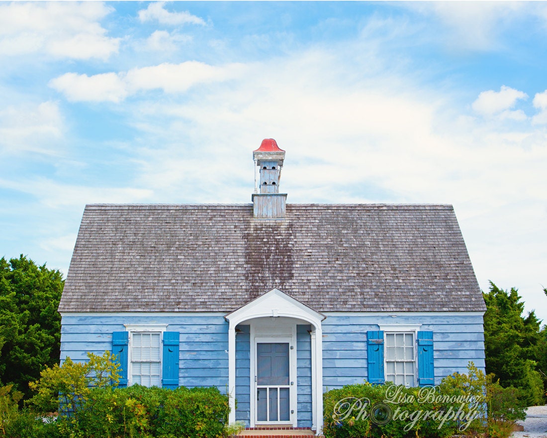 Beach Wall Decor - Beach Art - Blue Cottage with blue skies clouds - Painterly style photograph 8"x10" Jersey Shore