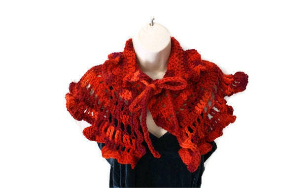 Crochet Capelet, Red Cape, Autumn Fashion Wrap, Red Cloak, Red Wrap, Shoulder Wrap, Womens Red Shawl, Crochet Shawl, Womens Shawlette