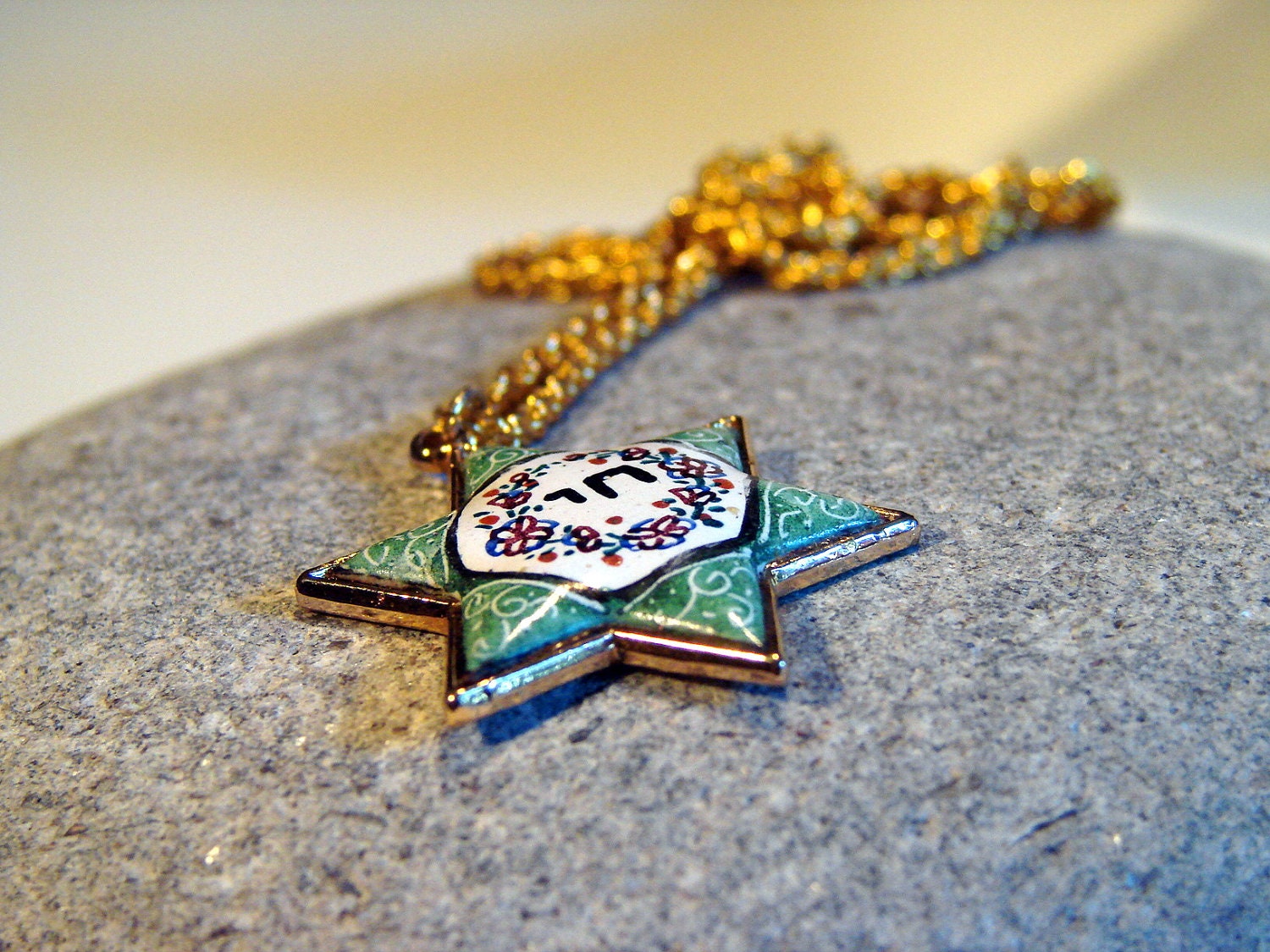 Vintage Star of David Porcelain Hand Painted Necklace Chi