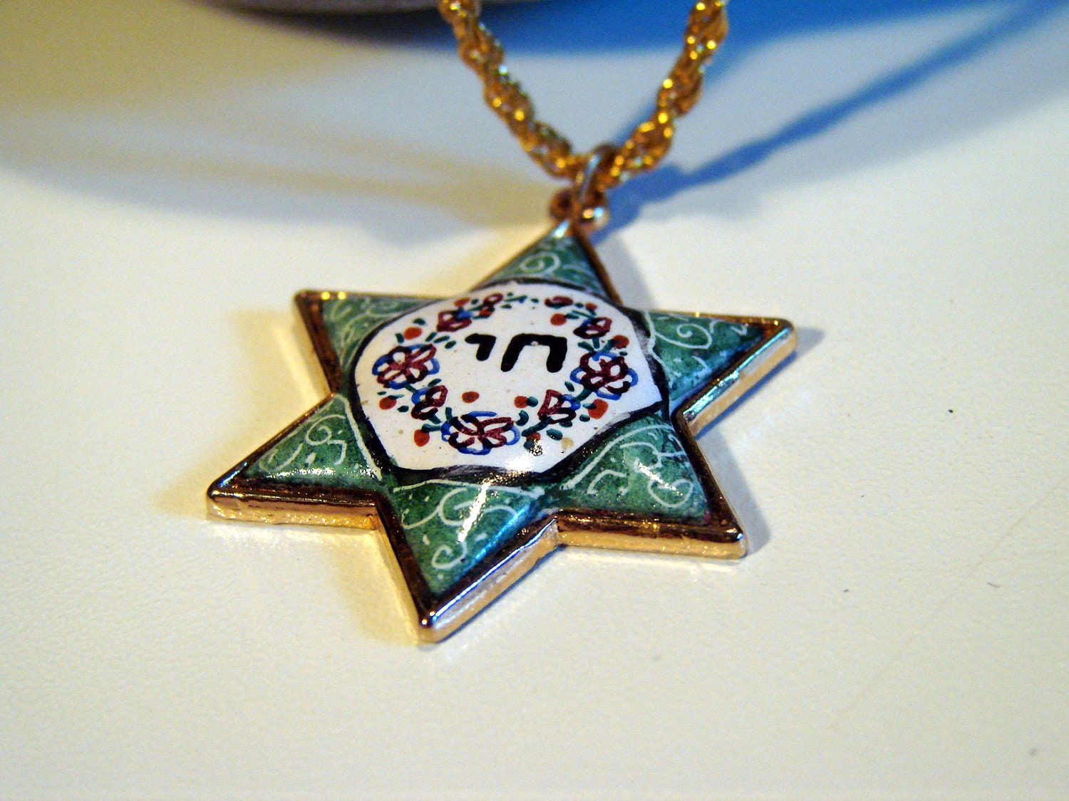 Vintage Star of David Porcelain Hand Painted Necklace Chi