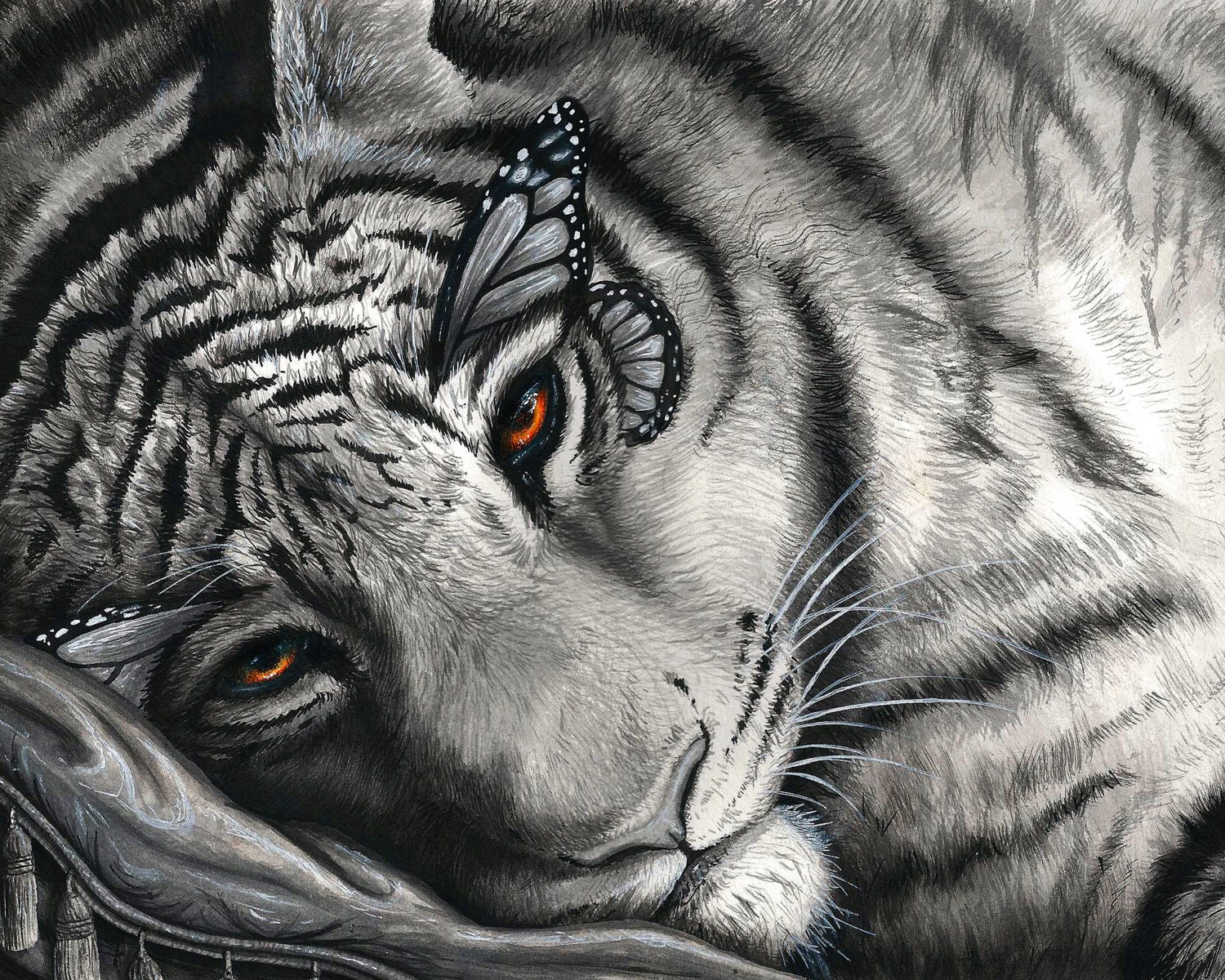 Print 8x10" Lap of Luxury Tiger Ink Painting With Butterfly Wings Fine Art Fantasy Surreal Danielle Trudeau
