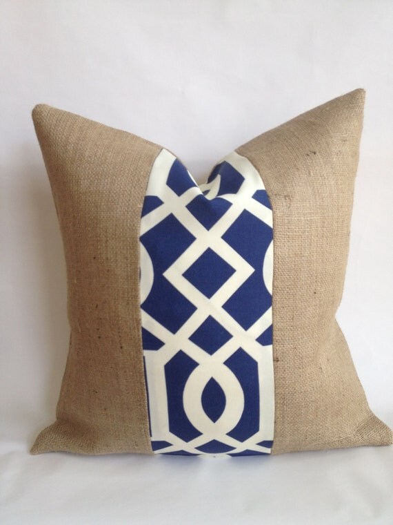 20x20 Navy and White Outdoor Fabric and Burlap Pillow Cover