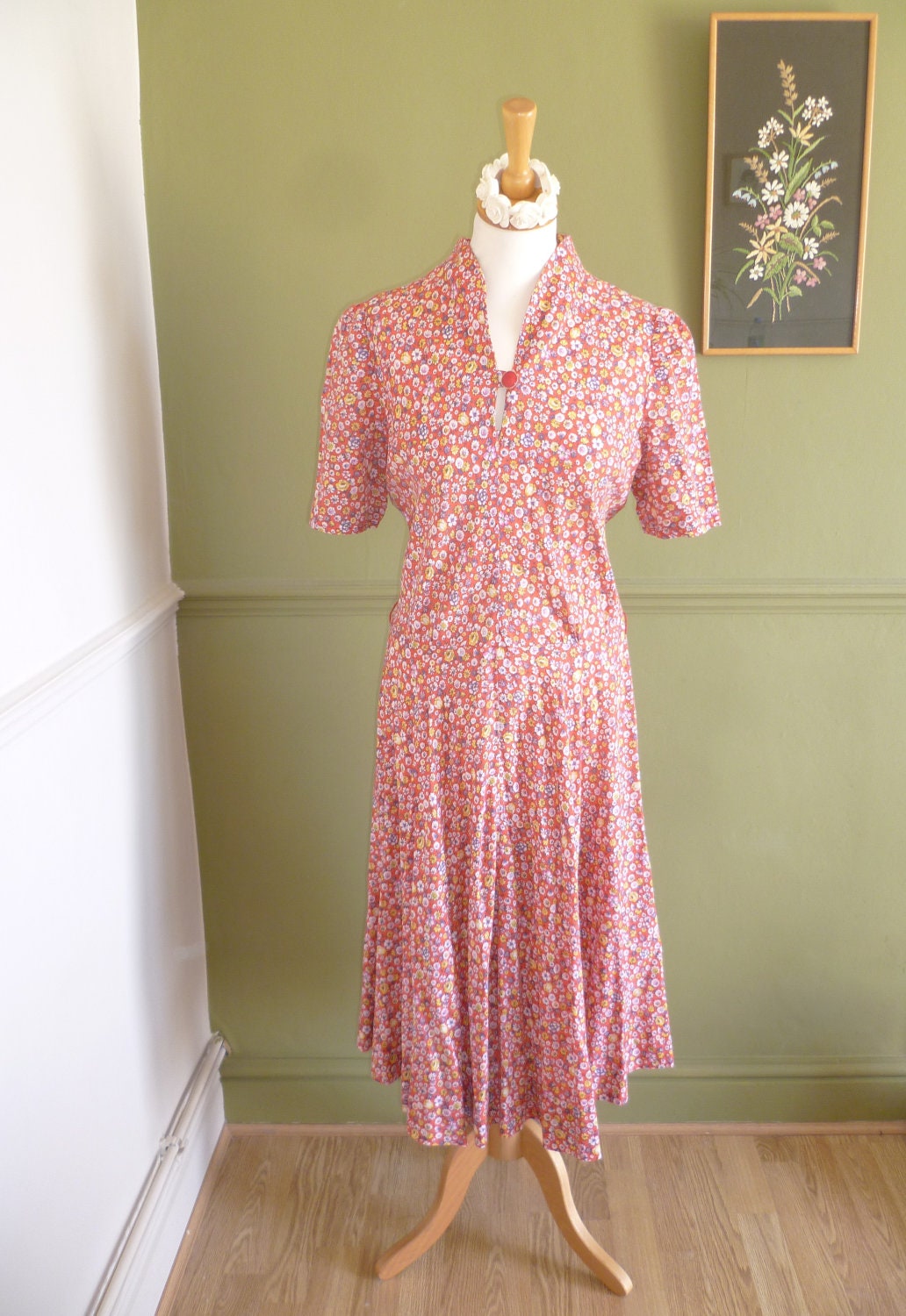 Ditsy Print  1960s Cotton Tea Dress -  M / L