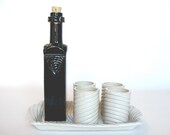Modern Bottle Set with Cups and Tray, stoneware ceramic pottery decanter in black and white, houseware barware serving dining wine liquor