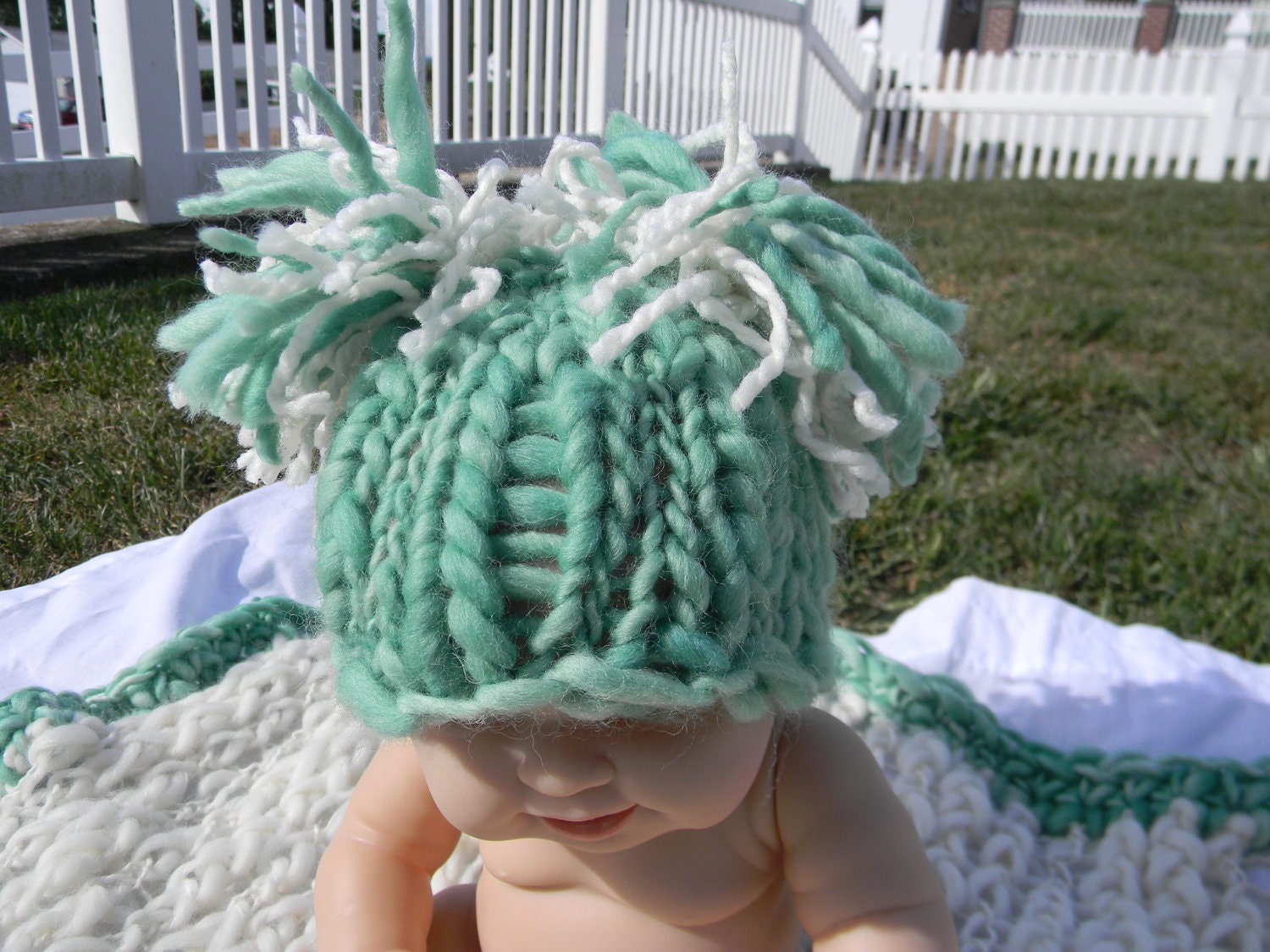 CUSTOM ORDER Hand Knit, Newborn Baby Hat in your CHOICE Pom Poms, handspun hand dyed yarns