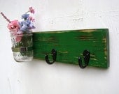 Shabby chic rustic wood vase key holder organizer , rustic cottage decor - painted Holly Green