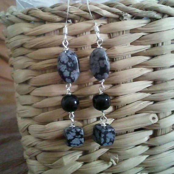 Black & Grey Snowflake Obsidian Dangle Earrings Gift