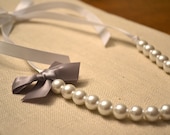 Nora: Beautiful White Pearl White Ribbon Necklace with Gray Bow