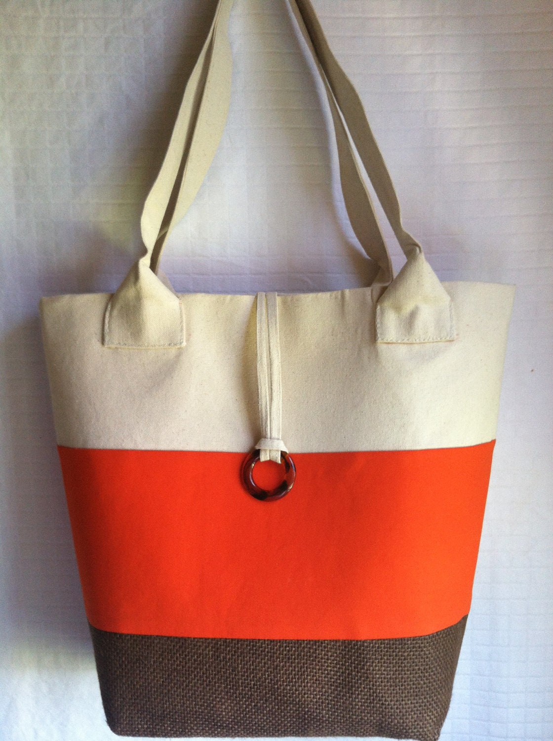 Handmade - X-Large  Orange Cream Brown Tote Bag Purse by iDesign For You