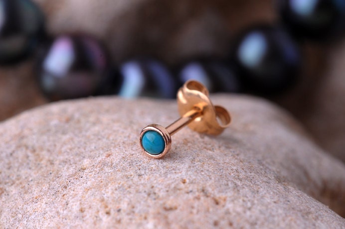 TRAGUS / Cartilage STUD 2mm turquoise stone  in 3mm 14K yellow gold filled setting. Also nose or Ear Stud handcrafted