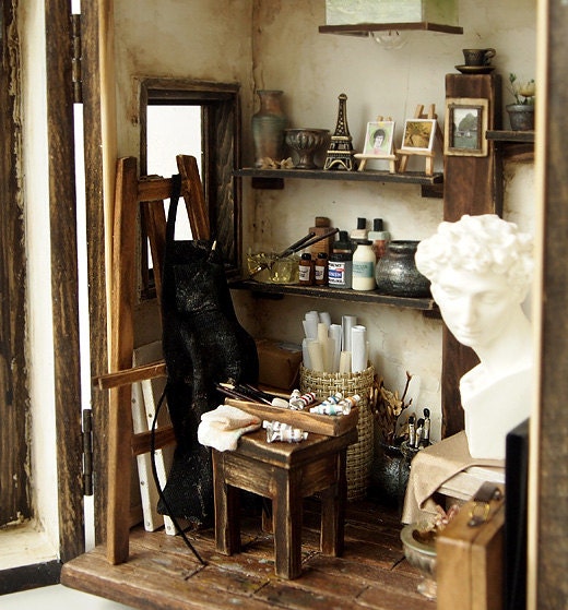 The small studio -The space of art creation- handmade Dollhouse Miniatures