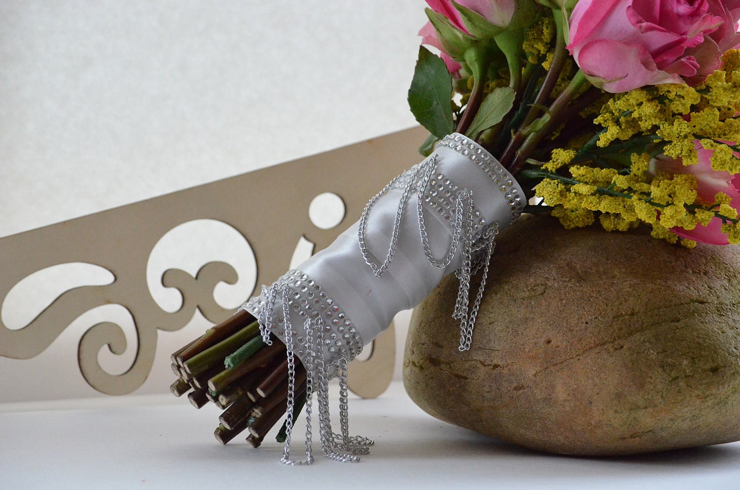 White Satin Bouquet Wrap with Rhinestone and Chain Details