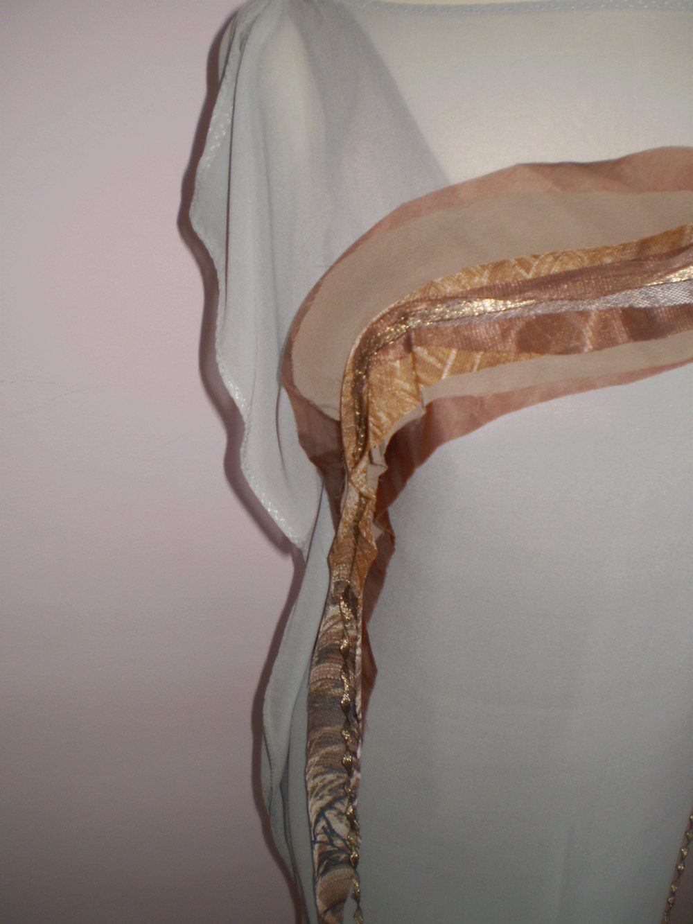 Grey silk dress with brown detail