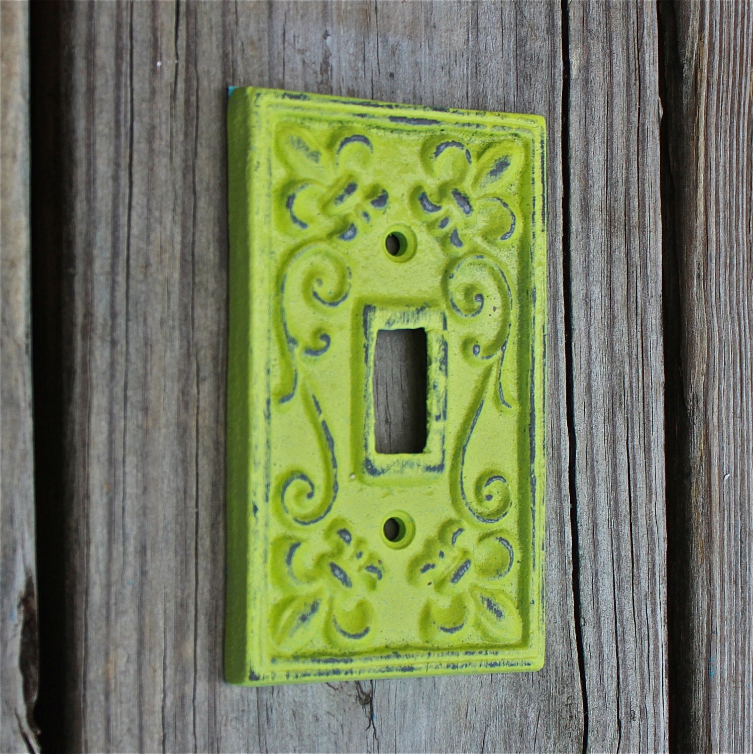 Lime Green Decorative Light Switch Plate/ Single Switch Cover/ Fleur de lis/ Bright Cast Iron/ Painted Metal/ Shabby Chic