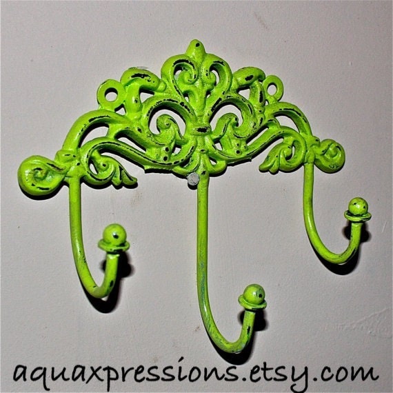 Wall Metal Hook /Lime Green /Bright Shabby Chic Decor /Ornate Hanger /Key Holder /Bathroom Fixture /Bedroom /Laundry /Nursery
