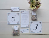 Custom Wedding day paper goods and decorations - English Summer Garden.Table number,menu,place card & real flower confetti bag.