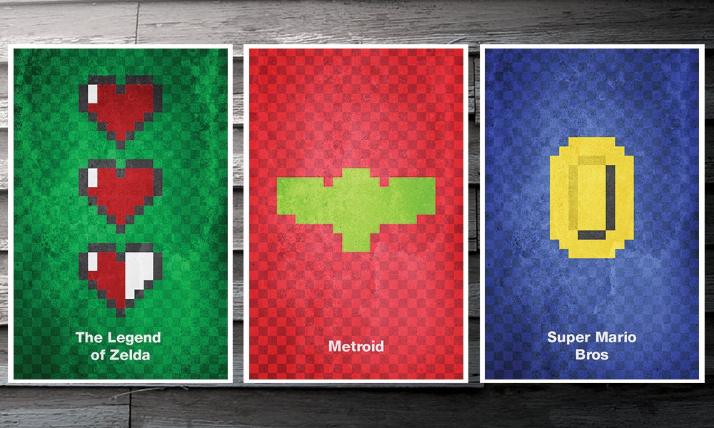 3 Poster Minimalist 8-Bit Video Game Set - Based on video games by Nintendo - 11x17