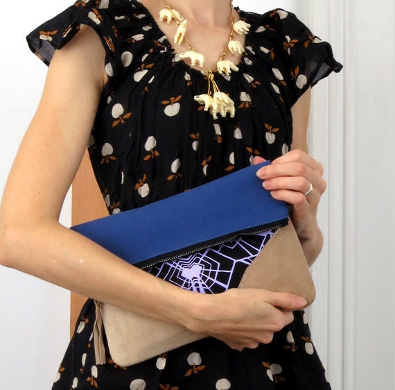 OOAK, Geometric Tortoise Shell Hand-Screened Fold-Over Clutch in Lavender on Black Linen, Blue Canvas back, tie-dyed interior in lemon