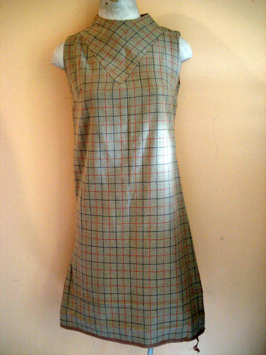 Pretty Tan and Crosshatched Pin Striped Shift Dress from 1960s