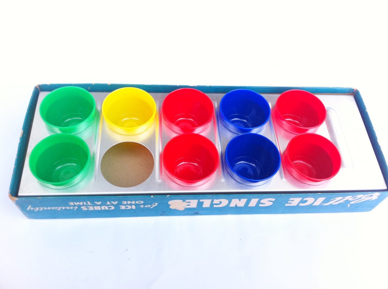Vintage Cott Ice singles freezing cups and tray.  Ice cube singles.  Red, blue, yellow, and green.