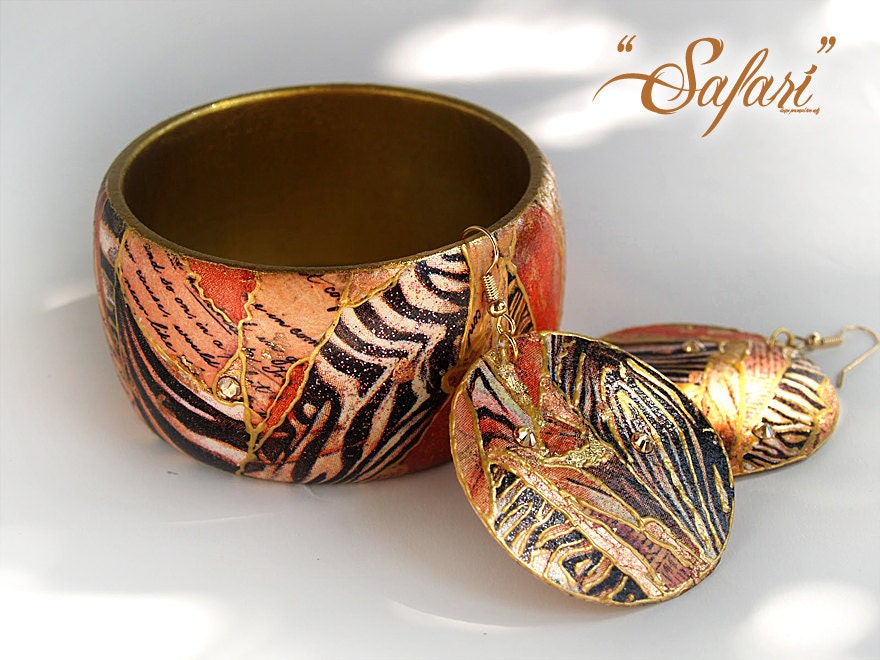 Handmade Bangle Bracelet with Swarovski Crystals "Safari" / Collage Art technique Shabby chic Decoupage Art Nouveau Wild leopard zebra print