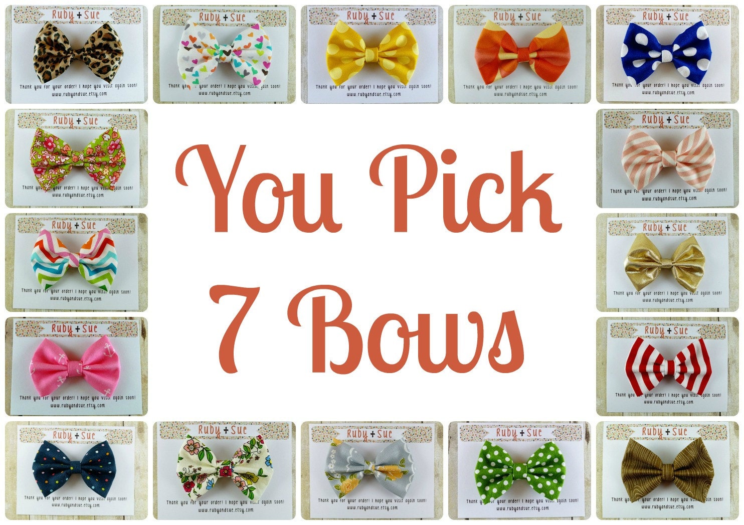 Mix and Match, Set of 7 Bow Hair Clips, Chevron, Stripes, Polka Dots