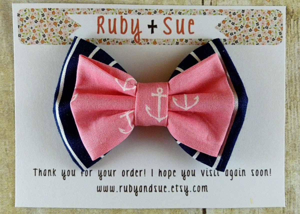 Pink Nautical Double Layer Bow Hair Clip, Navy Stripe, Pink Anchor