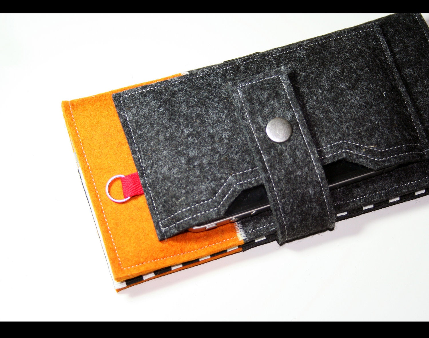 Merino wool Iphone wallet - grey and Orange with stripes