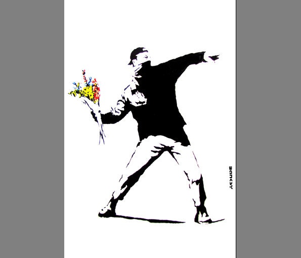 Banksy.MAN FLOWERS. street art. graffiti in London. photography