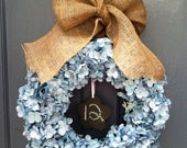 Blue Hydrangea Wreath with Burlap Ribbon and Chalkboard Accent