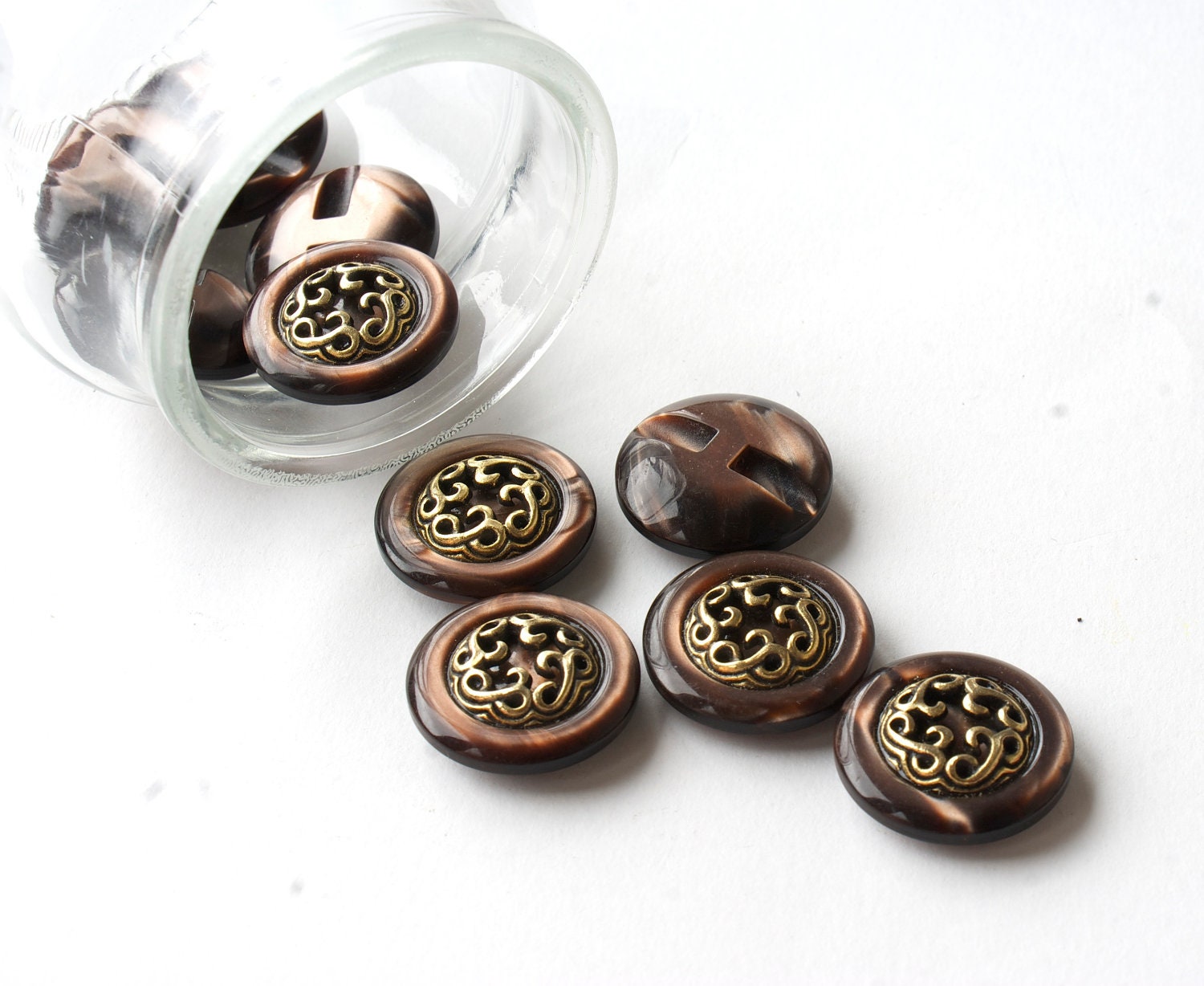 Vintage brown iridescent buttons with filigree