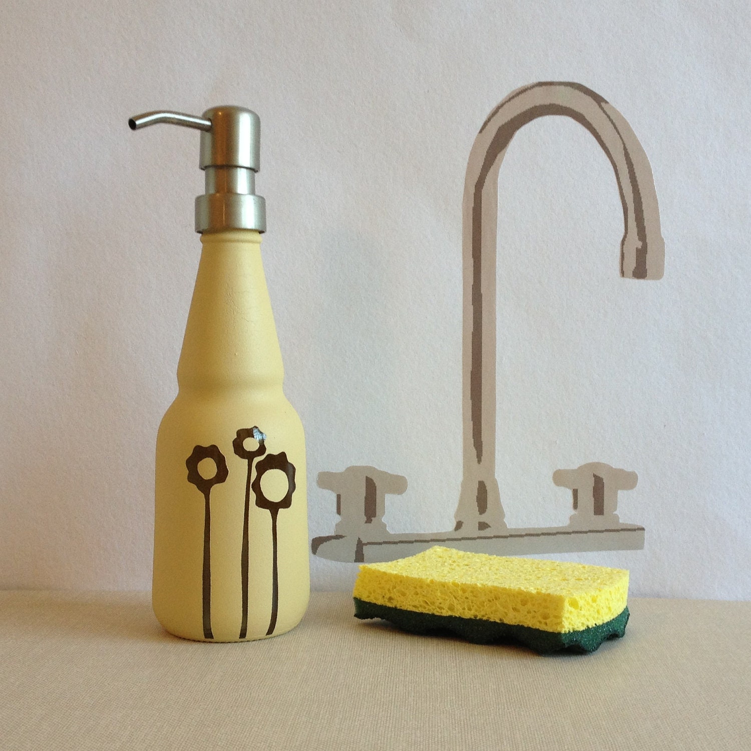 Soap Dispenser, Oil Vinegar Bottle, tall flowers, textured yellow - TheBottleGarden