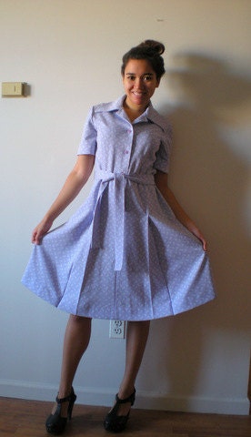 LAVENDER Shirt Dress 70s Flowers Tie Waist Collar